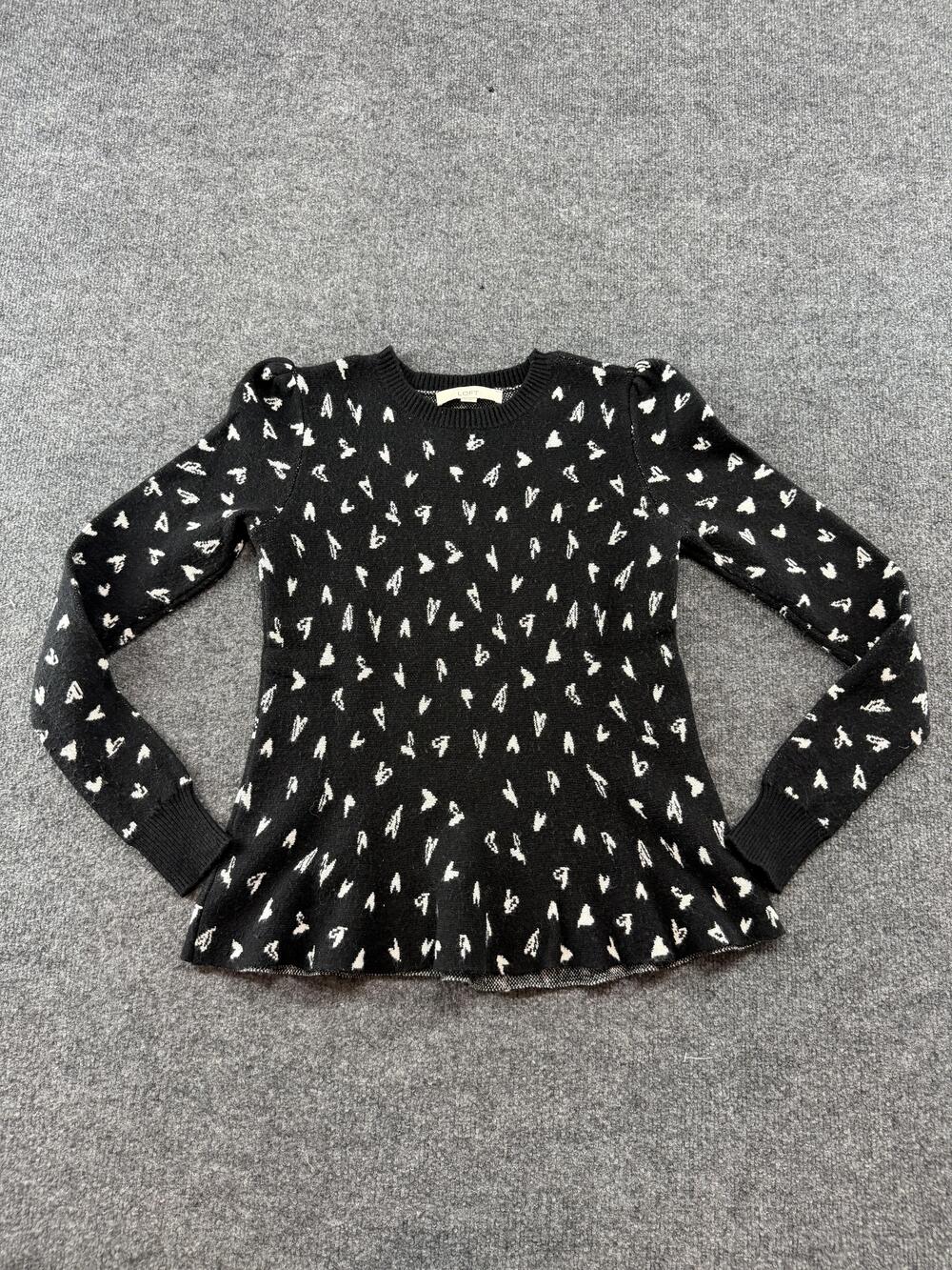 LOFT Sweater Womens XS Black Heart Print Puff Sleeve Ruffle Hem Pullover Knit